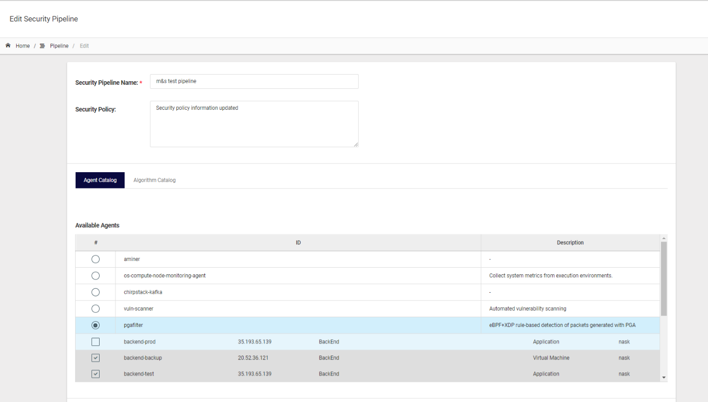 Security Pipeline creation and editing